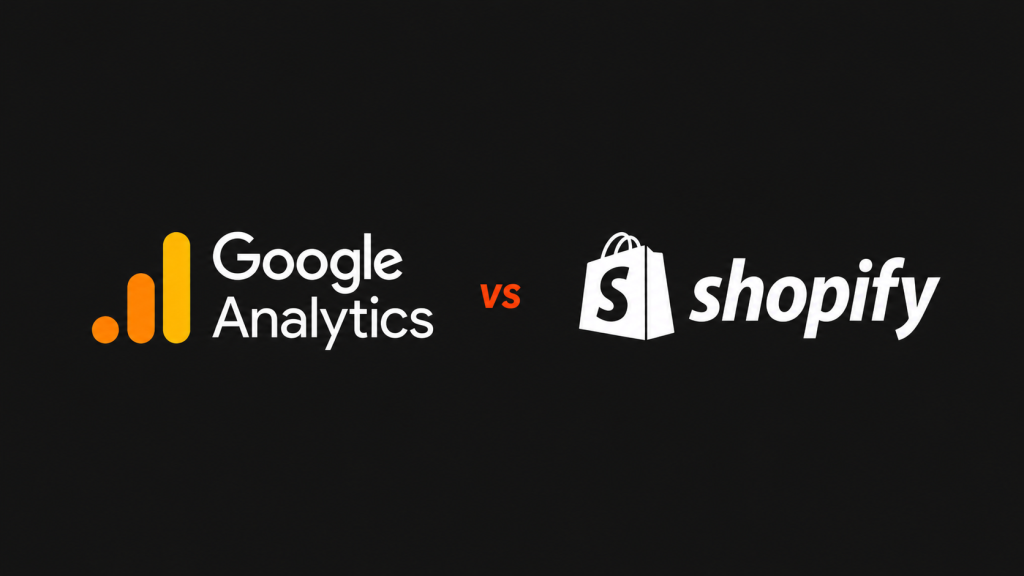 Shopify vs GA4 revenue reporting comparison graphic for ecommerce analytics and attribution